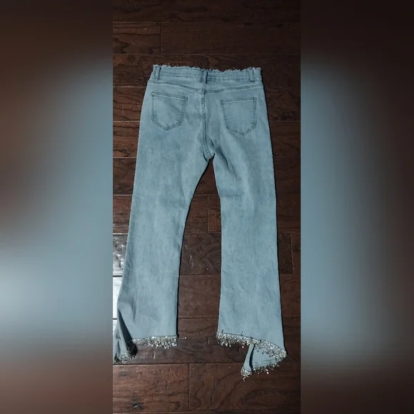 BLUE B RHINESTONE UNEVEN FRINGE HEM DENIM BLUE JEANS- L (31) - Picture 5 of 11
